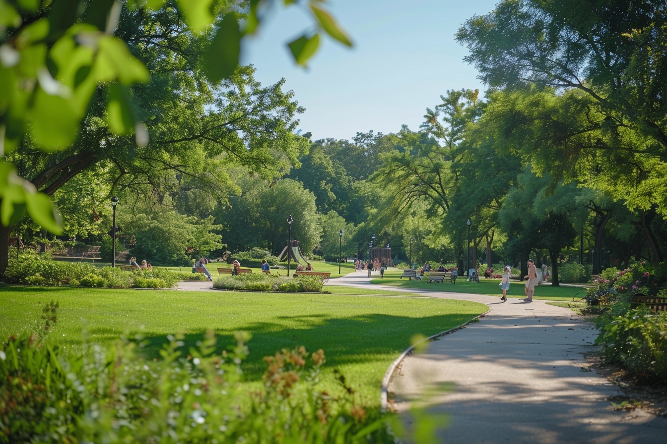 Vue panoramique d'un parc luxuriant à Venissieux, illustrant le déménagement harmonieux grâce aux espaces verts abondants de la ville